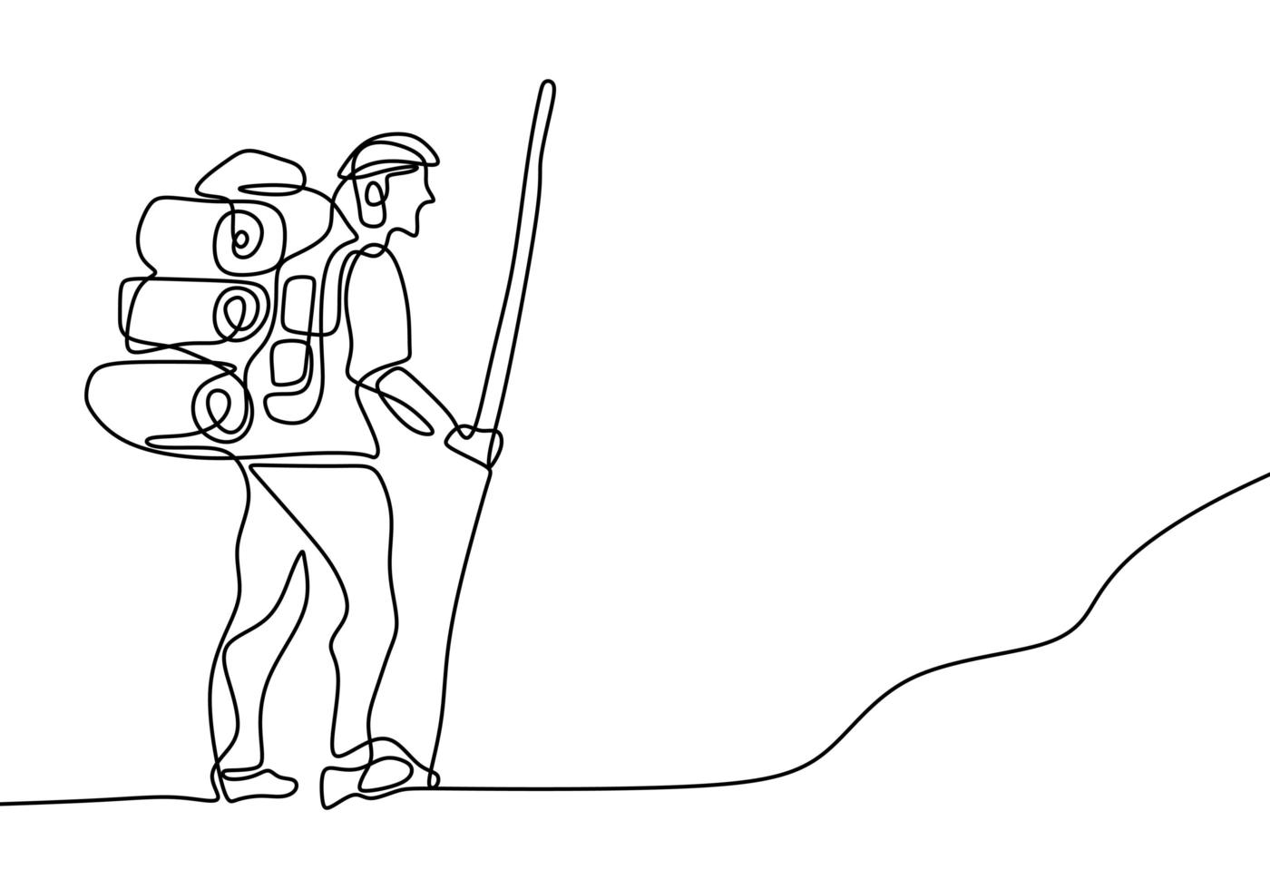 Continuous one line drawing of hand drawn traveling people with backpacks silhouettes. The tourist hiking backpack picnic mountains. Character man doing hiking, walking on the hill vector