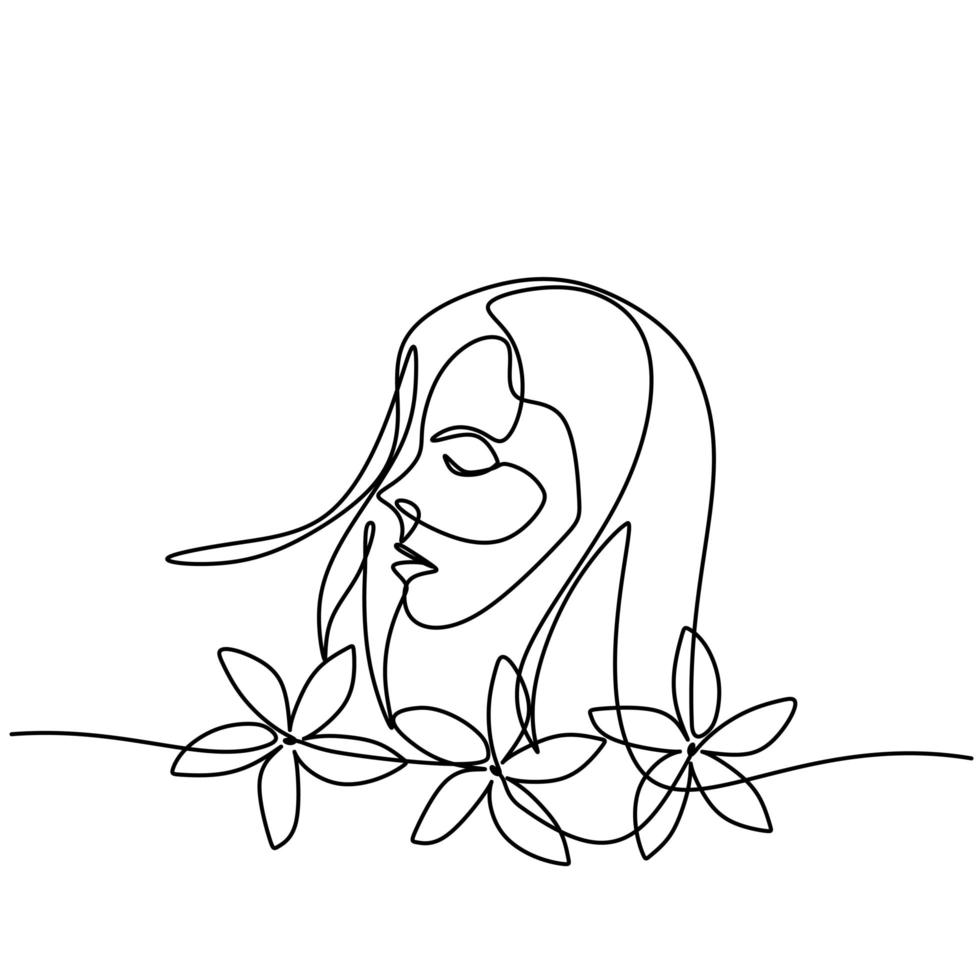 Cara de vector abstracto con dibujo de líneas de flores. ramo de flores en la cabeza de mujer de una sola línea. icono de flores con concepto de cosmética natural. ilustración de línea vectorial. estilo minimalista