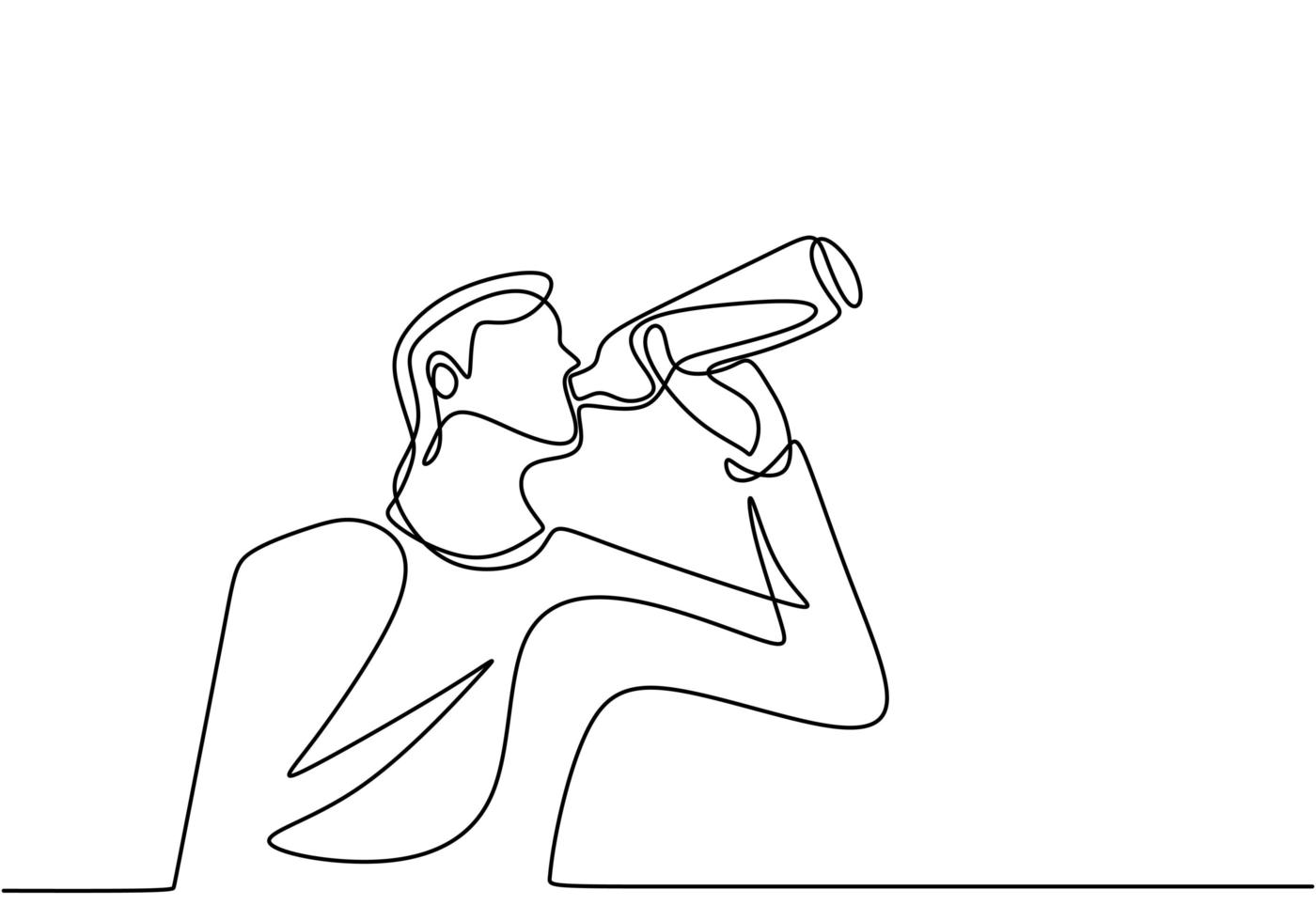 dibujo continuo de una línea, vector de hombre bebiendo agua de una botella de plástico o un vaso. diseño minimalista con simplicidad dibujado a mano aislado sobre fondo blanco.