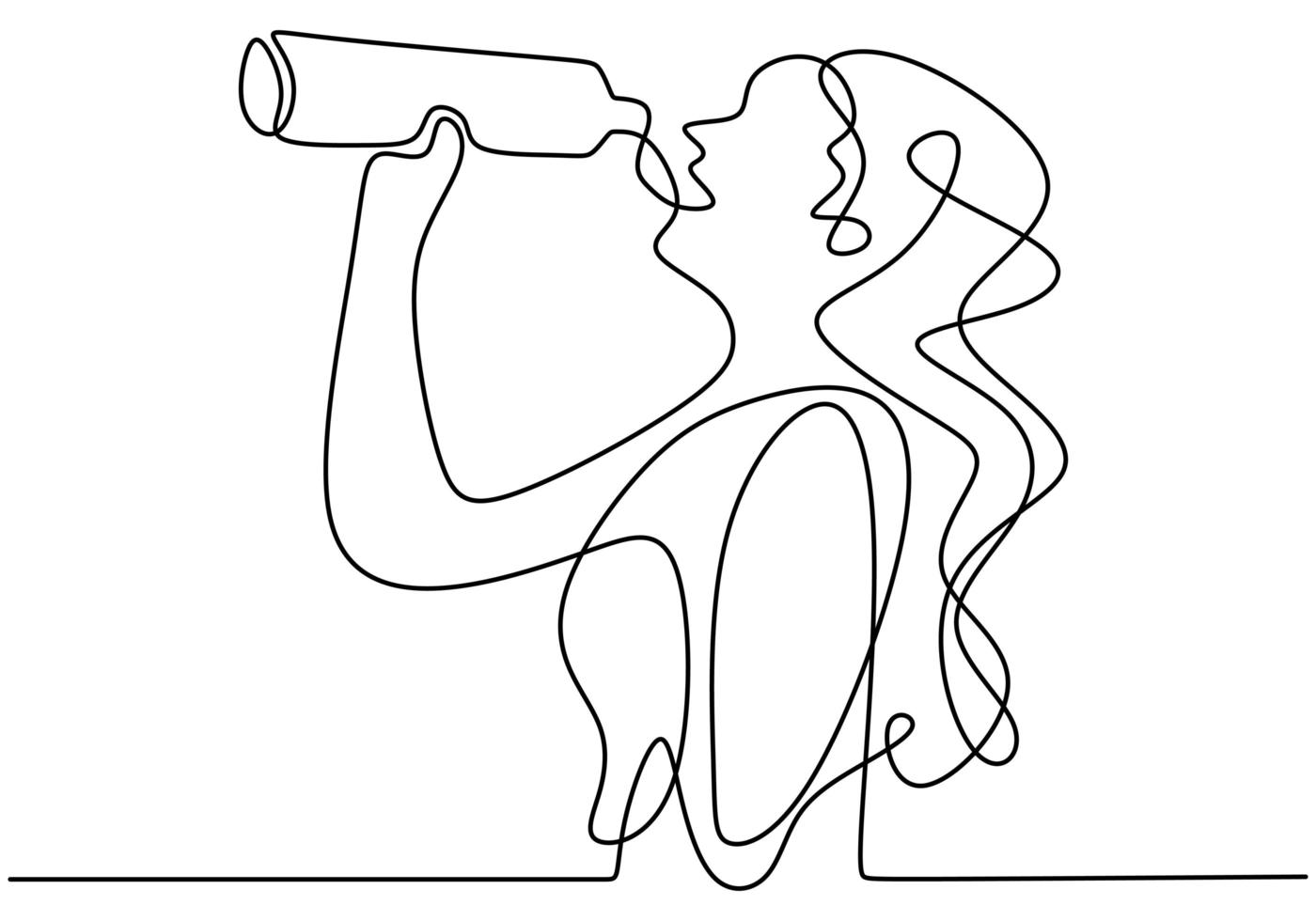 Continuous one line drawing, vector of woman drinking water from bottle after sport exercise. Minimalism design with simplicity hand drawn isolated on white background.