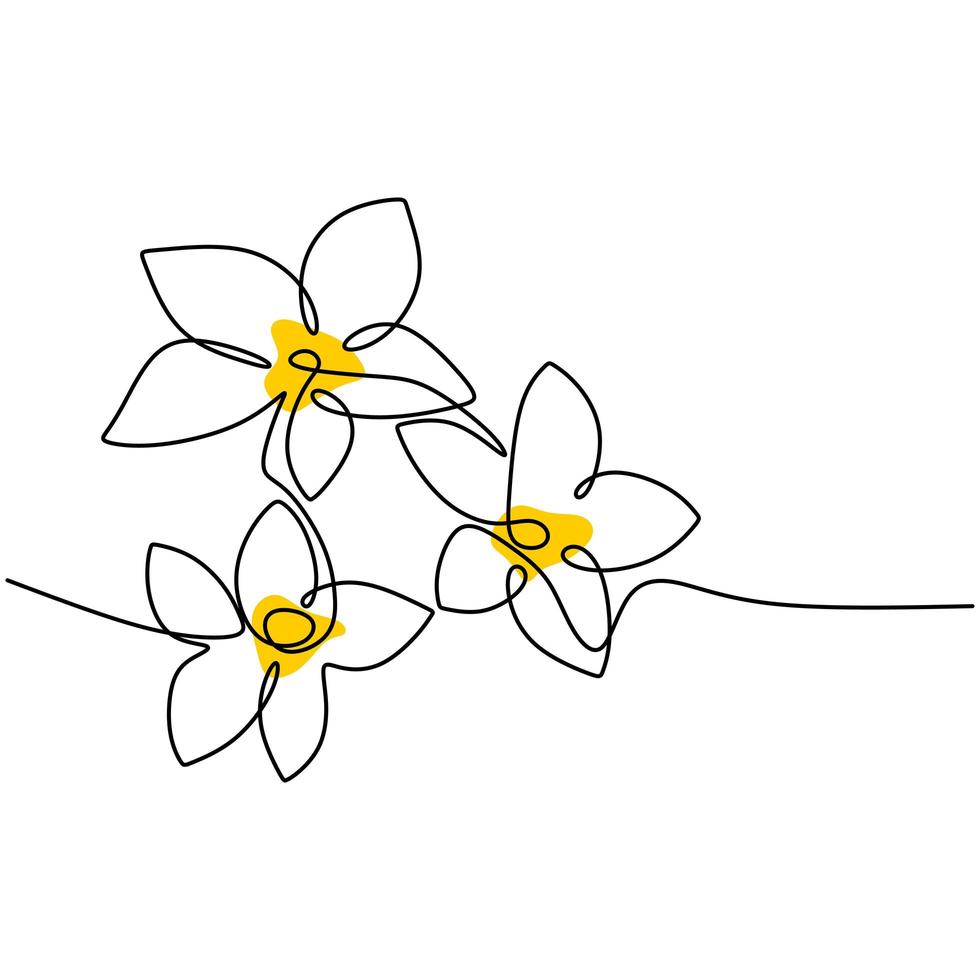 hermosa flor en estilo de línea mínima. dibujo continuo de una sola línea de silueta de flor dibujada a mano. rama con flores aisladas sobre fondo blanco. ilustración vectorial vector