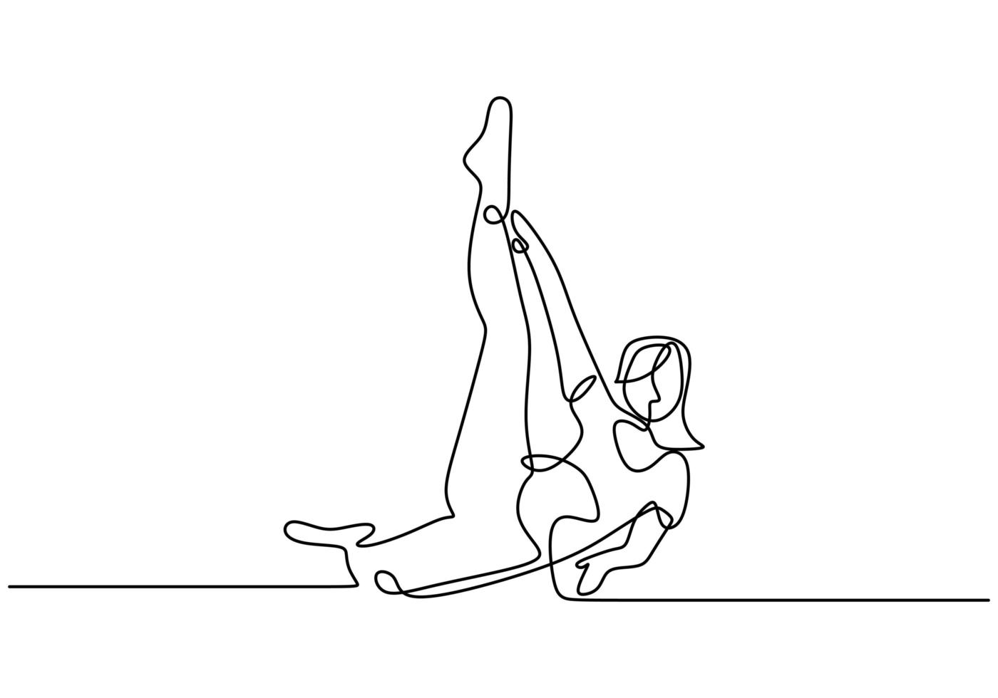 Mujer estirando las piernas en el ejercicio de yoga estilo minimalista de ilustración vectorial de una línea continua. niña sentada y levantando una pierna para estirar para una vida sana. ilustración vectorial vector