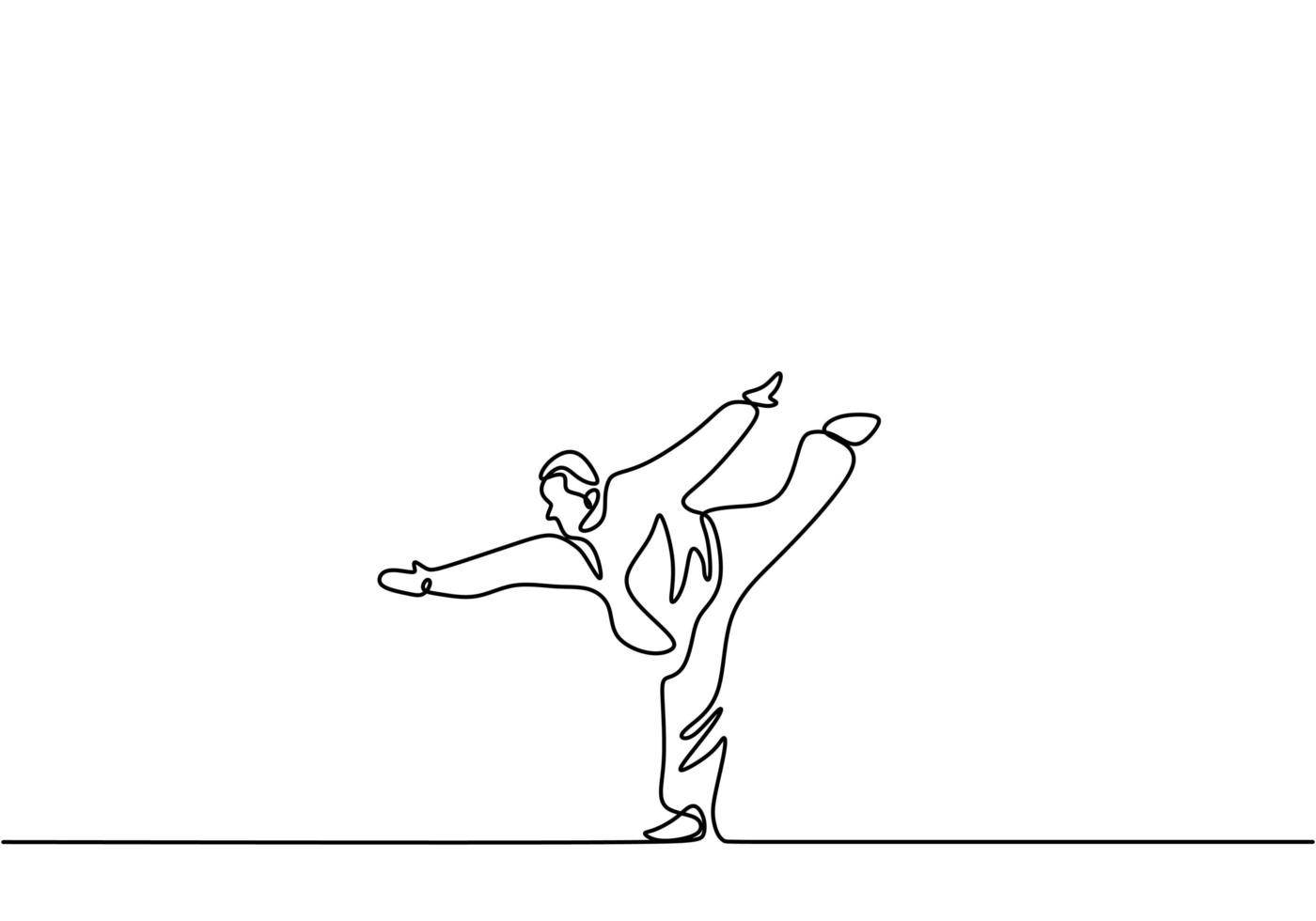 Man is doing Taekwondo training continuous single line drawing vector illustration. Professional senior male standing with one leg while arms stretched out to train body balance minimalist style