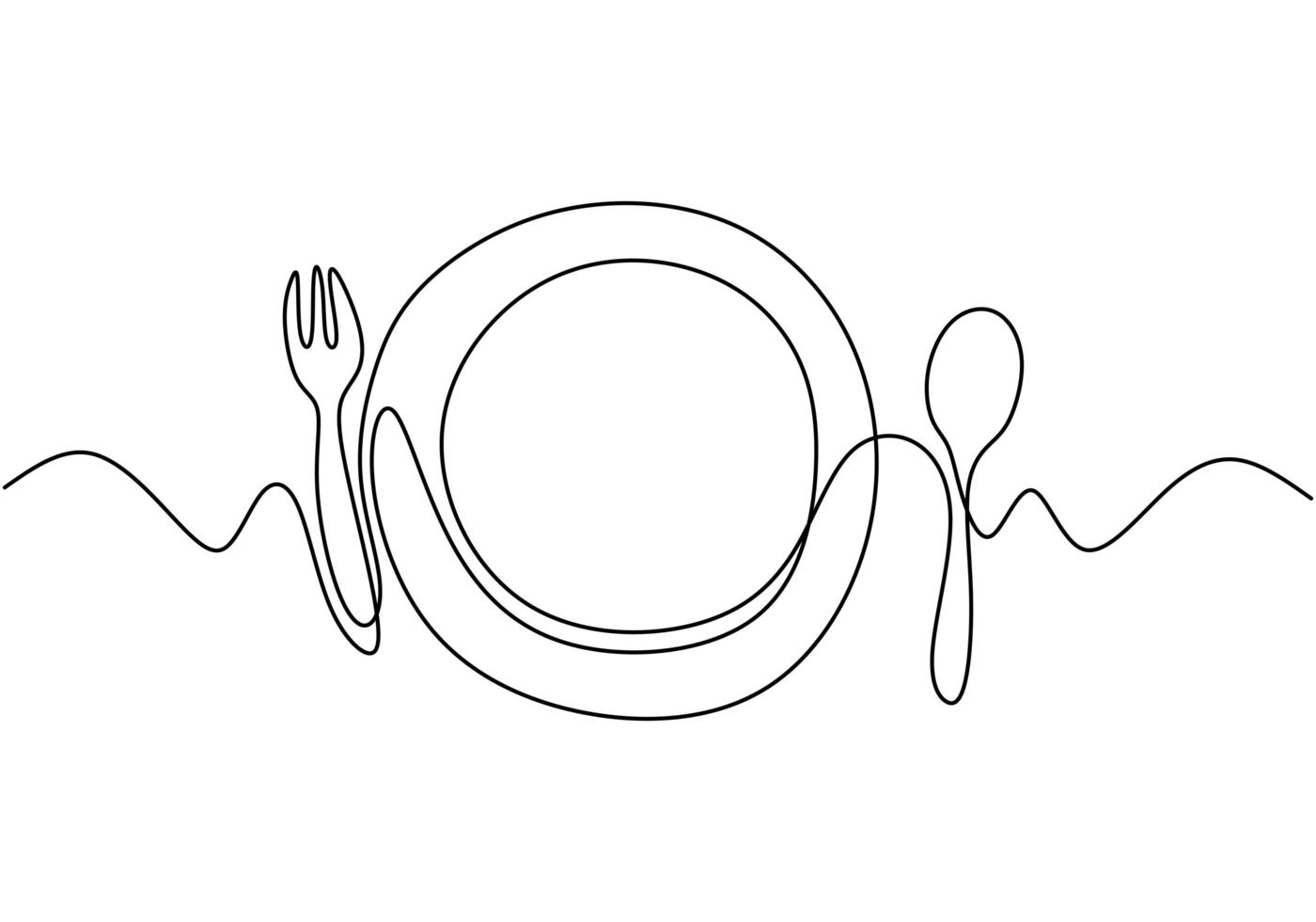 Continuous line drawing of food symbol. Sign of plate, knife, and fork. Minimalism hand drawn one line art minimalist vector illustration. Dinner theme with creative sketch contour.