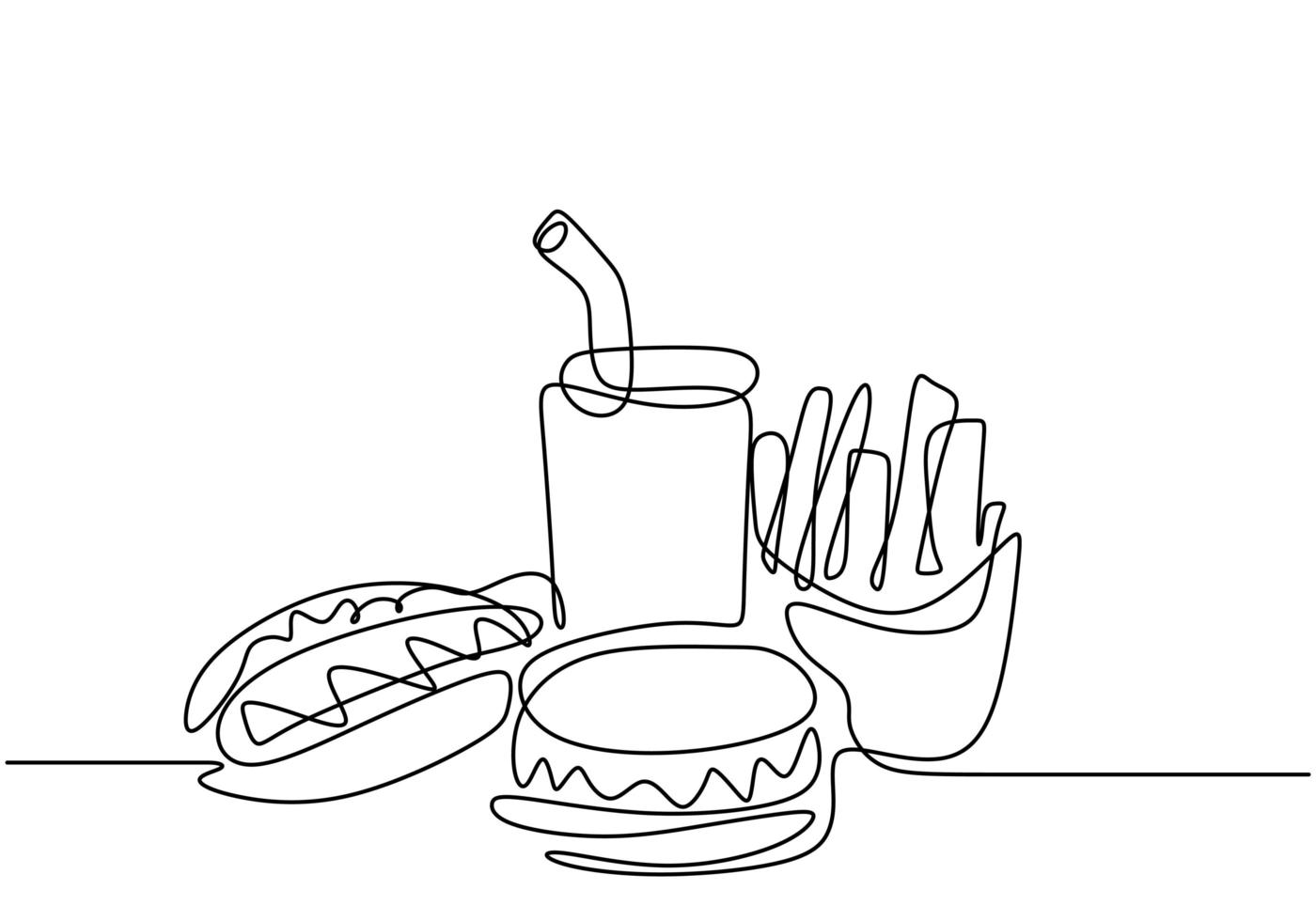 dibujo continuo de una línea, vector de comida chatarra, hamburguesa, hotdog y comida rápida. diseño minimalista con simplicidad dibujado a mano aislado sobre fondo blanco.