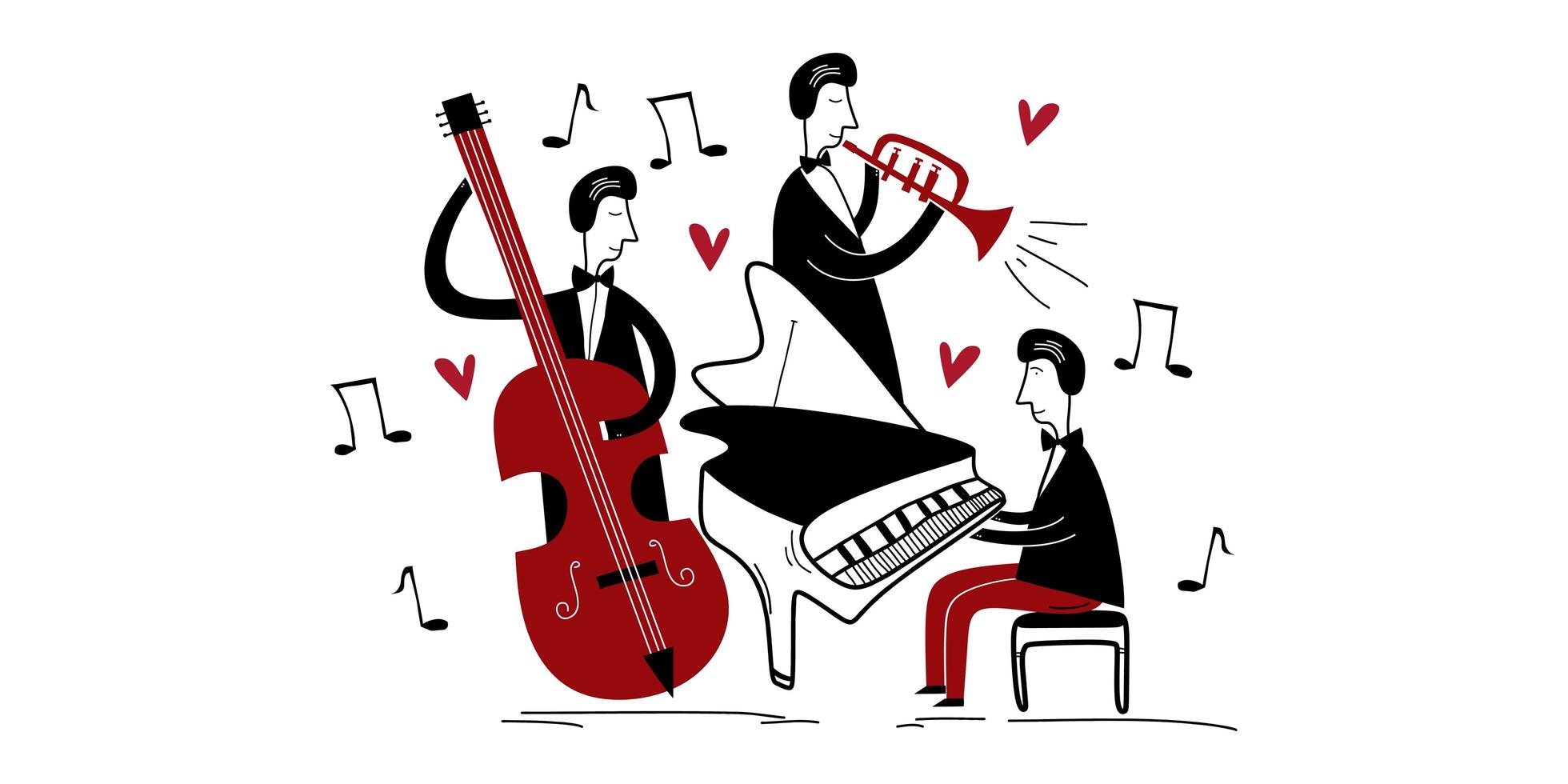 festival de música de la banda de jazz. Tres jugadores de jazz tocando música de grupo en un vector plano aislado de concierto. pianista tocando piano, trompeta y violonchelo. estilo de dibujos animados creativo.