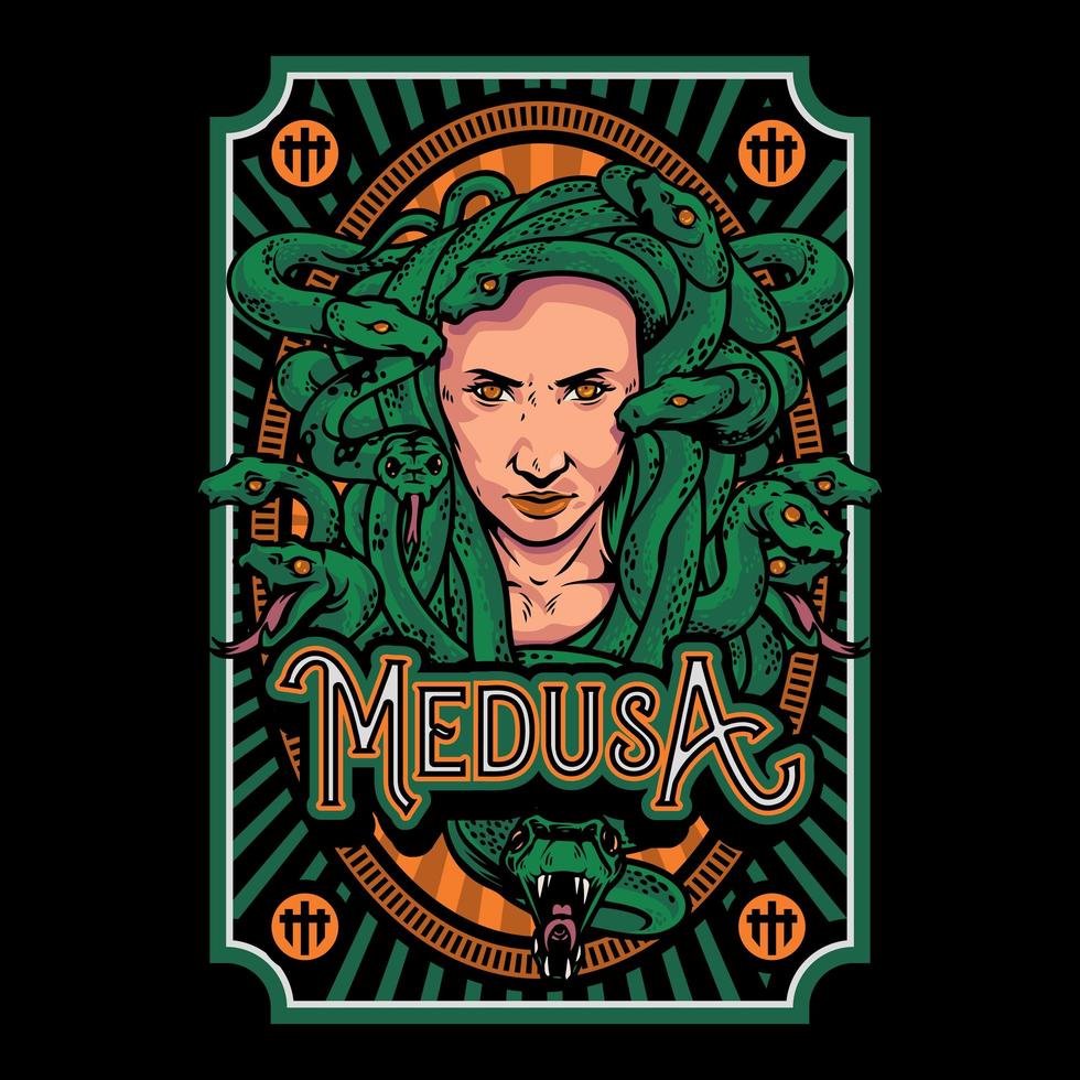 Cool medusa's head illustration for t-shirt, poster or logo. Medusa head hand drawn illustration isolated on black background vector