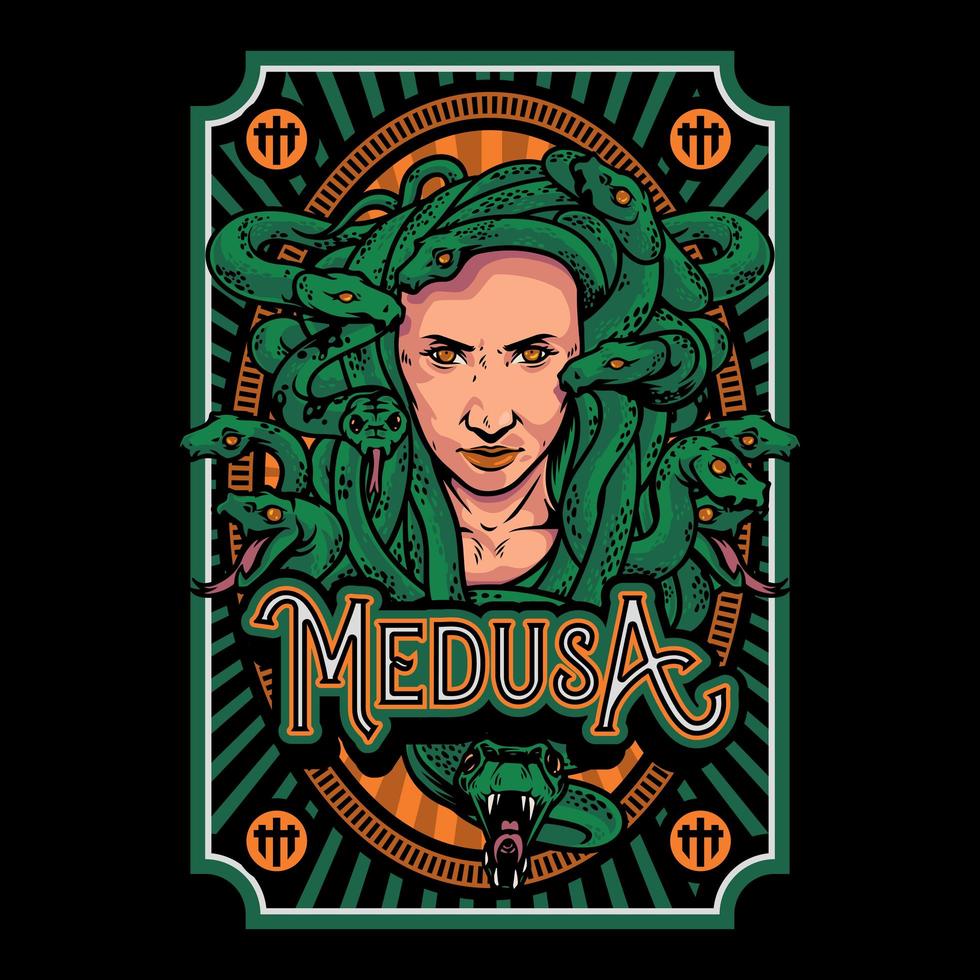 fresca ilustración de la cabeza de medusa para camiseta, póster o logotipo. Ilustración de dibujado a mano de cabeza de medusa aislado sobre fondo negro vector