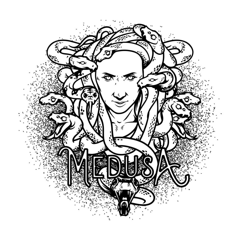 Ilustración de la cabeza de medusa en blanco y negro para camiseta, póster, logotipo o tatuaje aislado sobre fondo blanco. vector