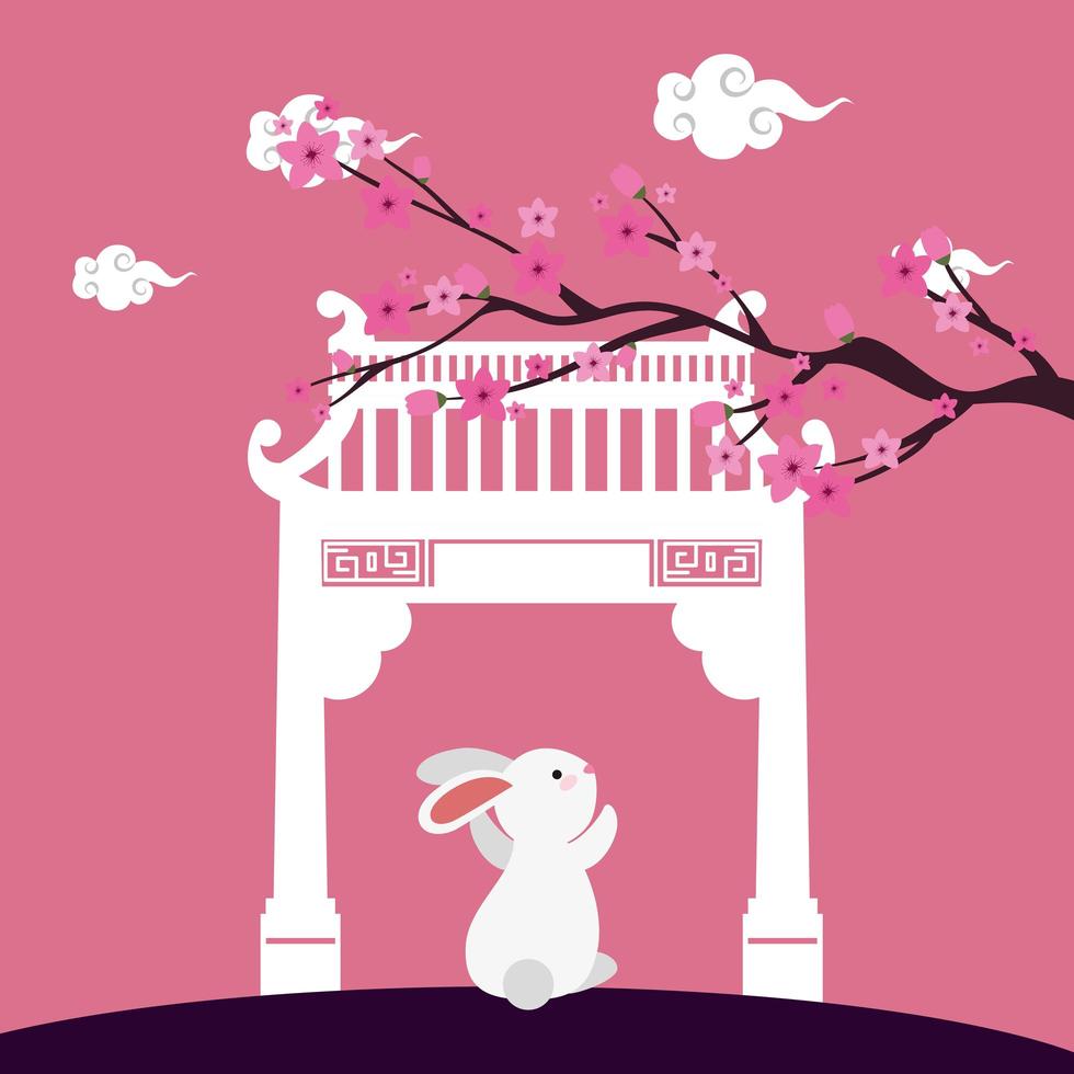 little rabbit with chinese arch and tree plant scene vector