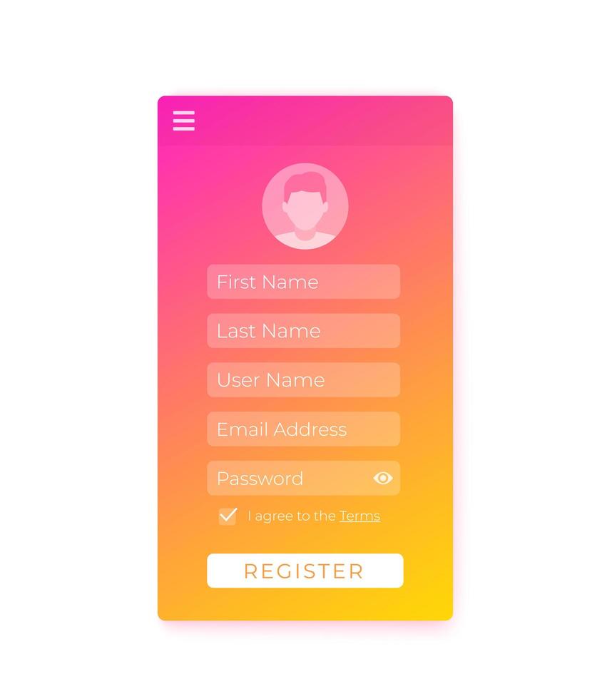Register form, mobile ui design, vector