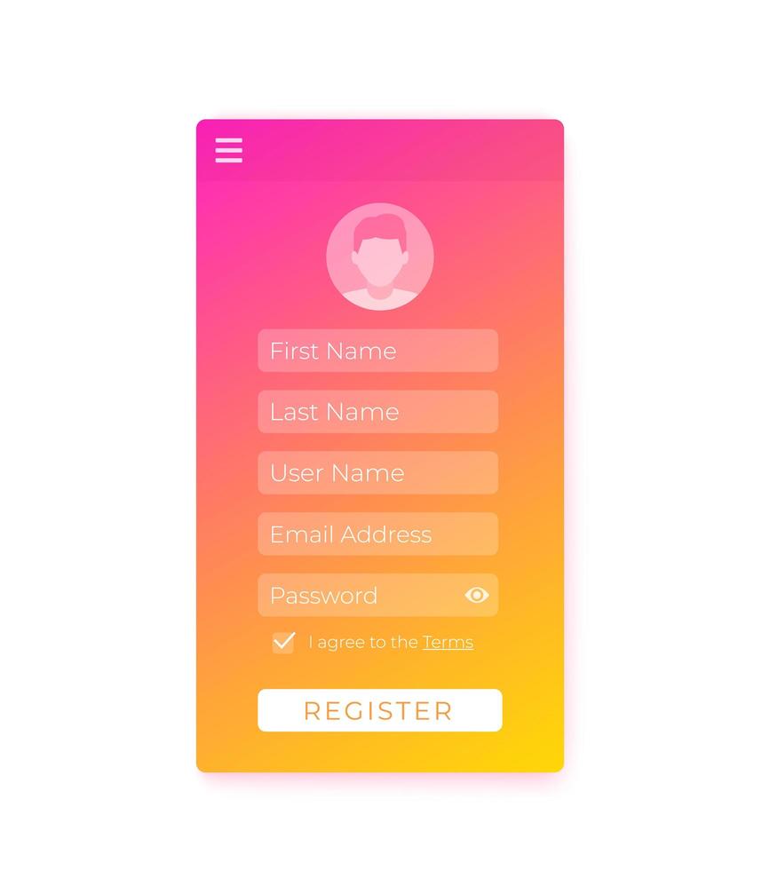 formulario de registro, diseño de interfaz de usuario móvil, vector
