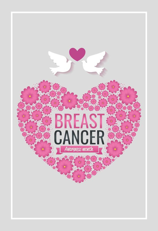 poster breast cancer awareness month with heart and doves vector