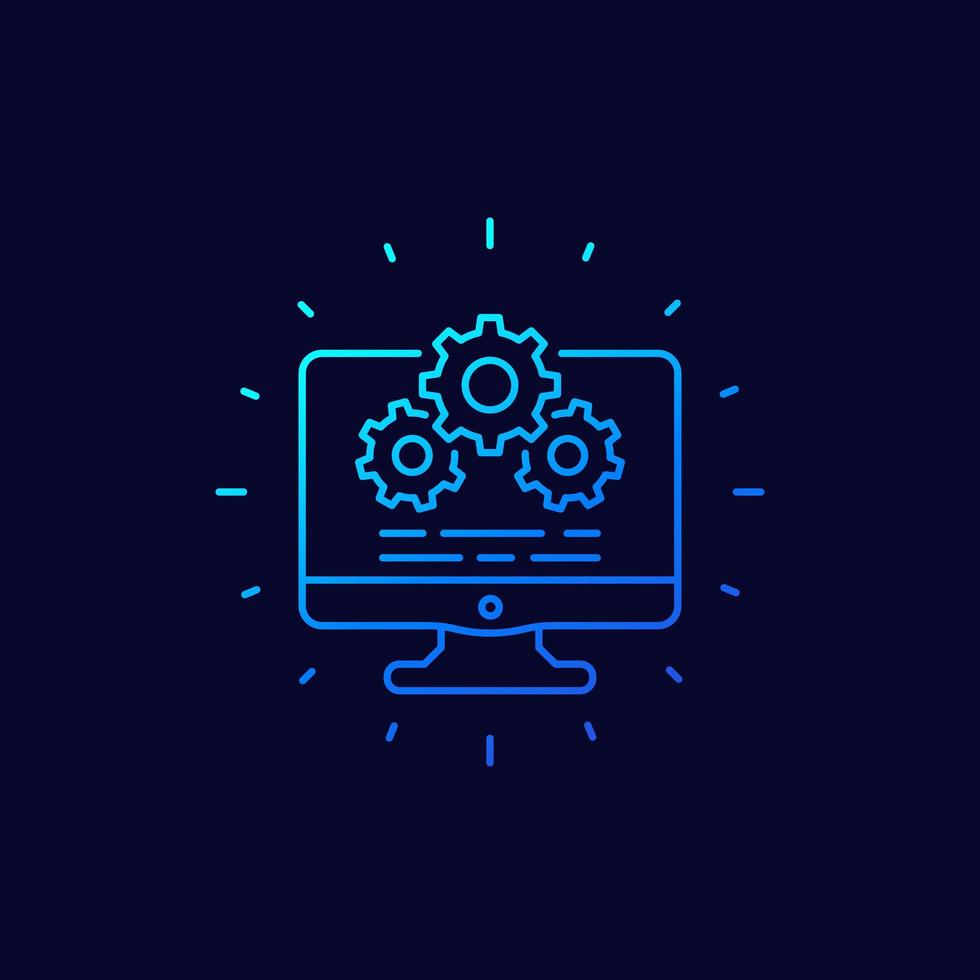computer and gears icon, settings and configuration linear vector