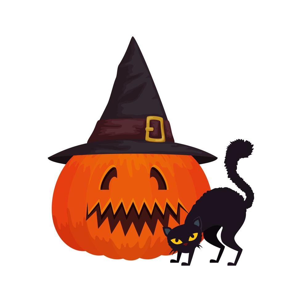 halloween pumpkin with hat witch and cat black vector