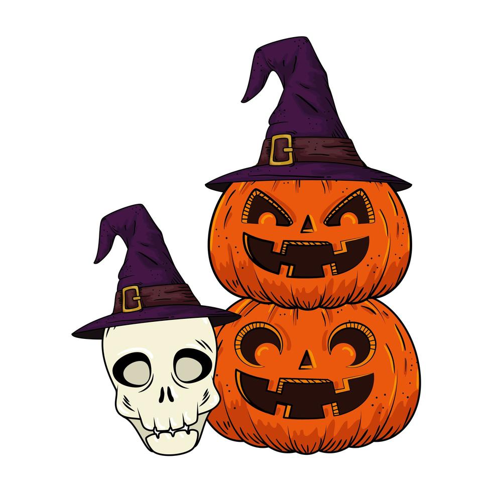 halloween pumpkins and skull with hat witch pop art style vector