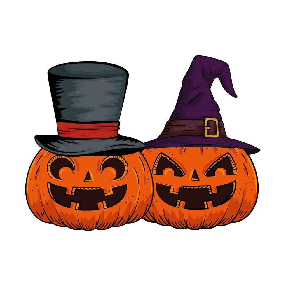 halloween pumpkins with hats witch and wizard pop art style vector