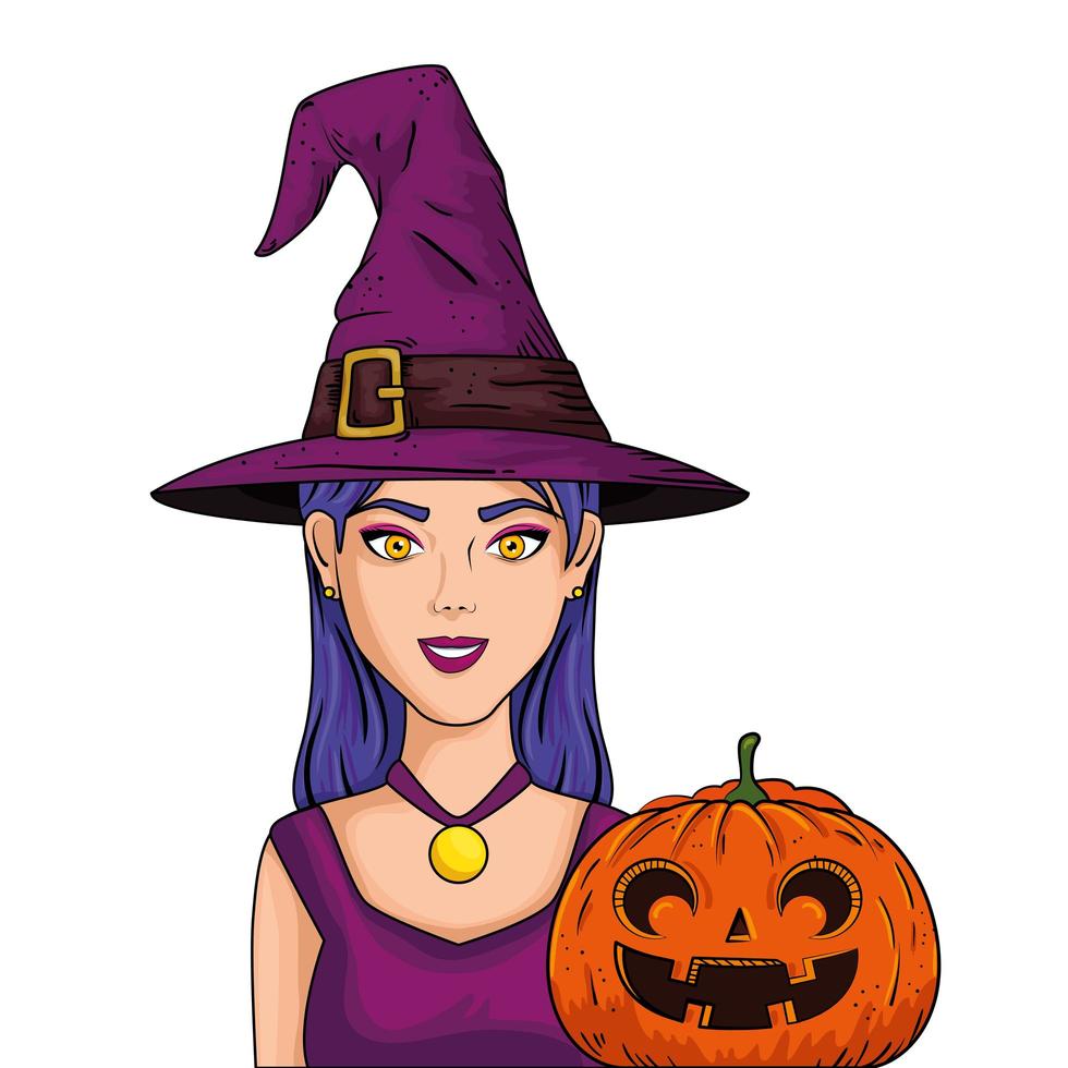 young woman with hat witch and pumpkin style pop art vector