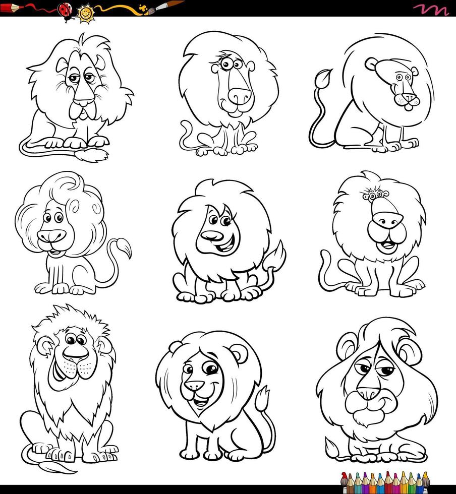 Leones de dibujos animados personajes de animales cómicos establecer página de libro para colorear vector