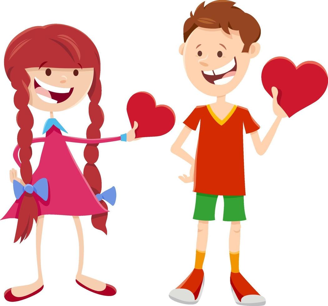 Tarjeta de San Valentín con lindos personajes de niña y niño enamorados vector