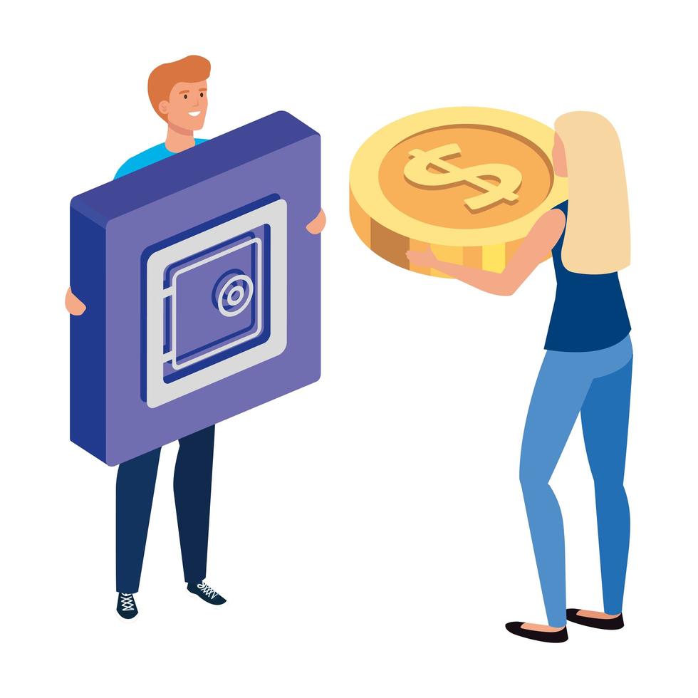 young couple and button with strongbox private vector