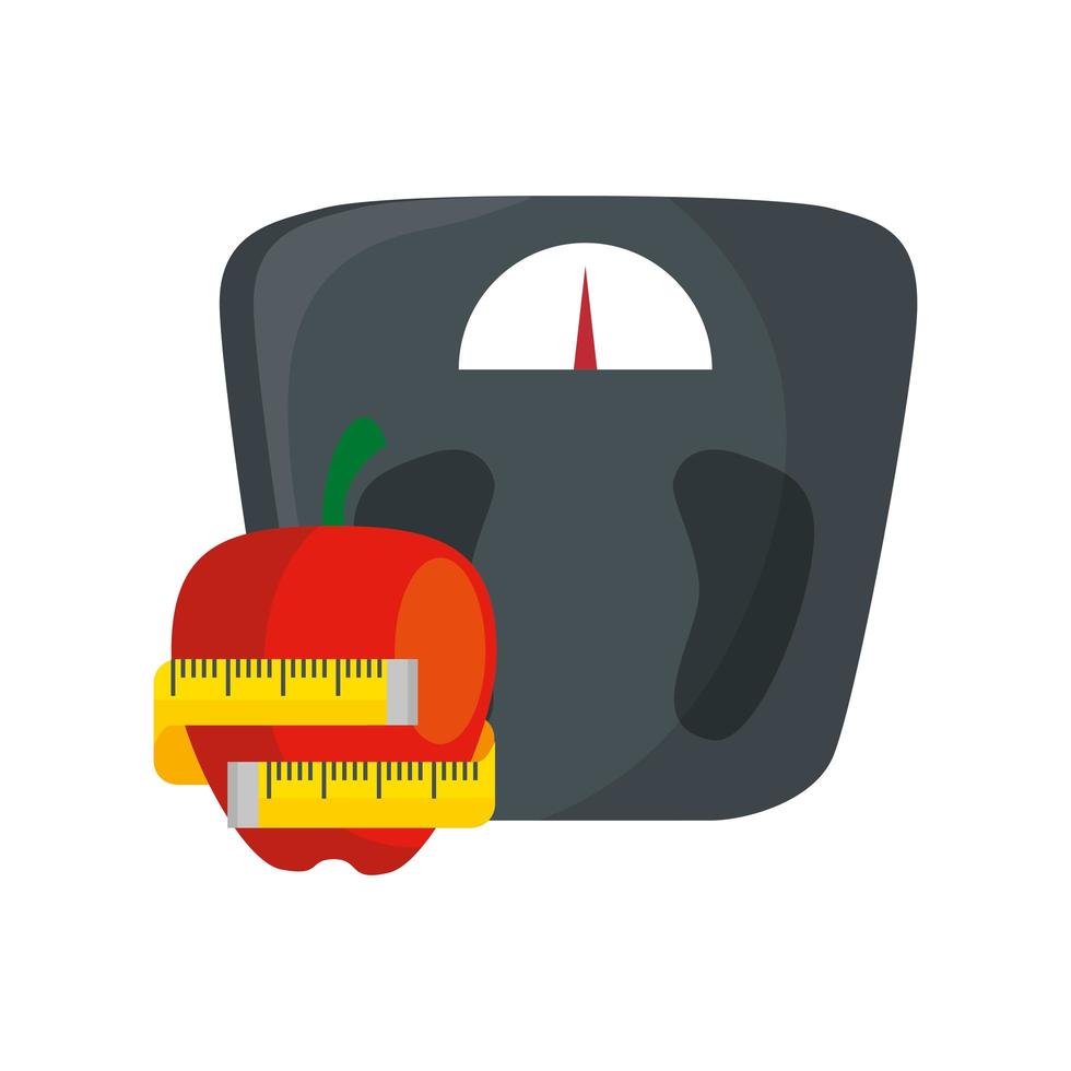 scale measure weight with apple and measuring tape vector