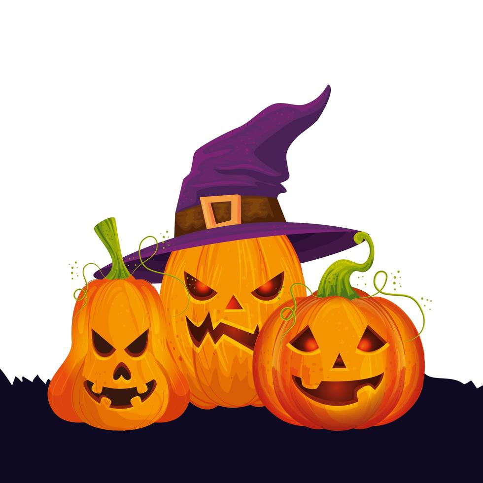 calabazas de halloween con sombrero de bruja vector