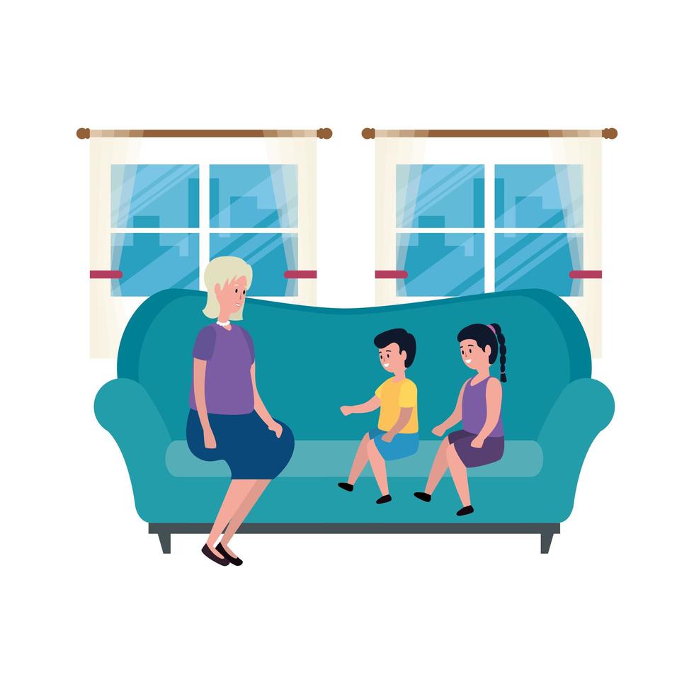 cute grandmother with kids in the sofa characters vector