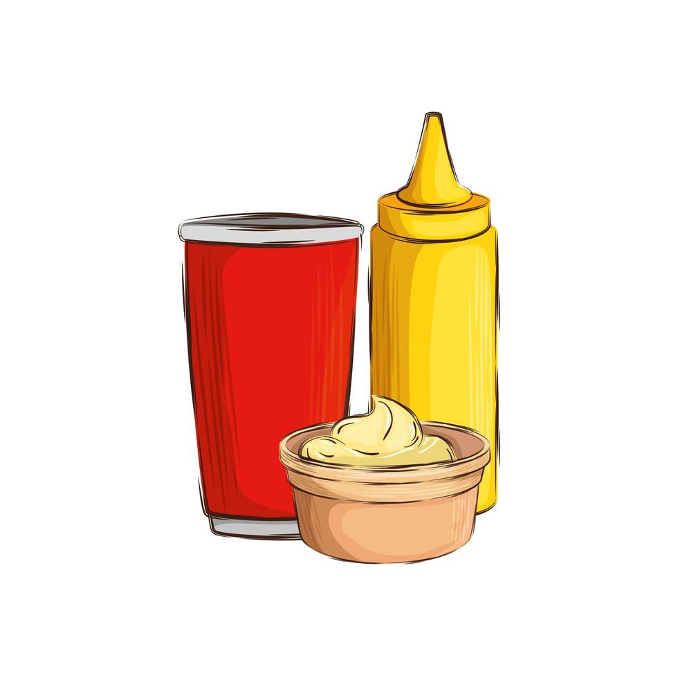 Conjunto de deliciosas salsas con bebida icono aislado vector