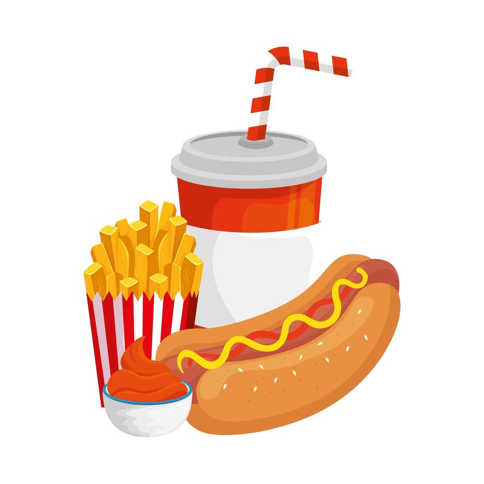 delicioso hot dog con bebida y comida rápida icono vector