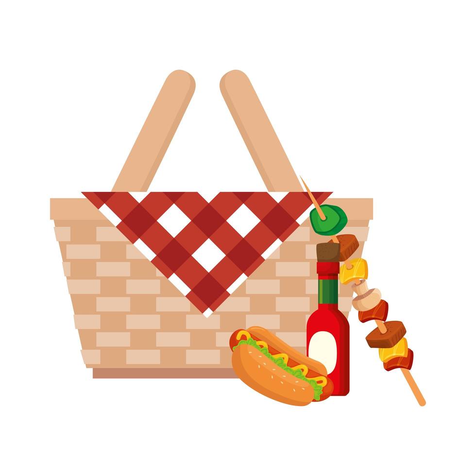 Cesta de picnic de mimbre con comida icono aislado vector