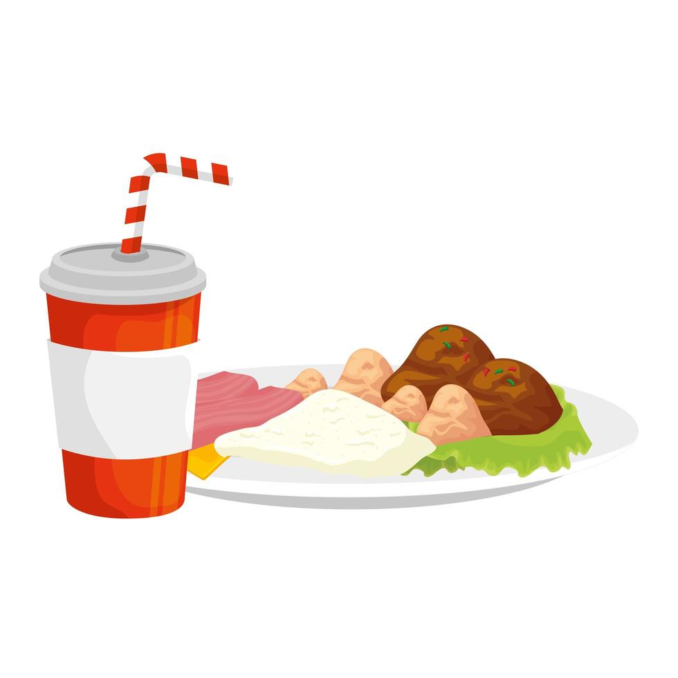 delicioso refresco y deliciosa comida rápida en plato vector