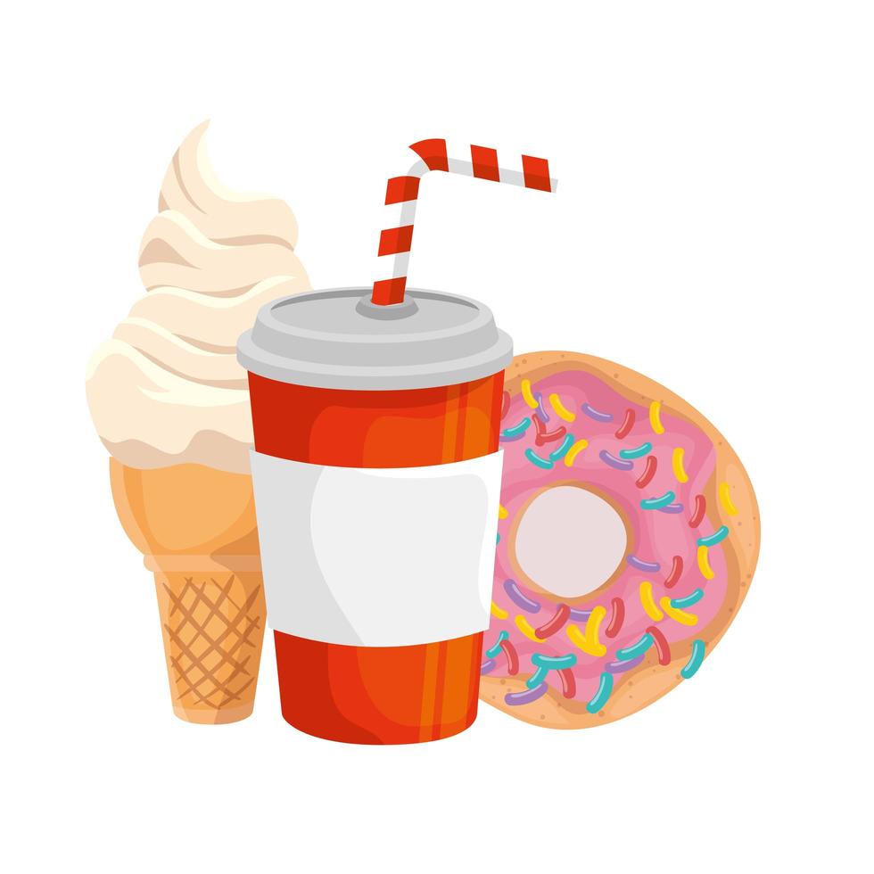 Deliciosa bebida gaseosa con helado y donut icono de comida rápida vector