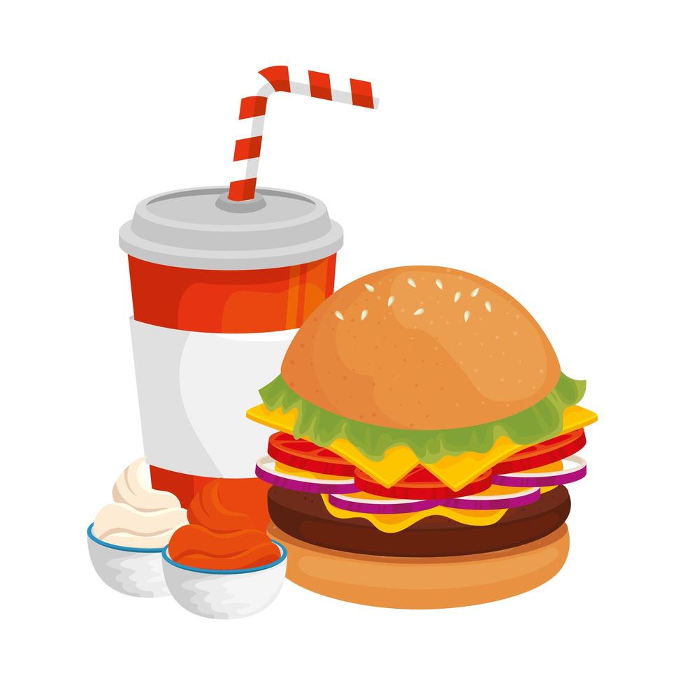 delicious burger with drink fast food icon vector