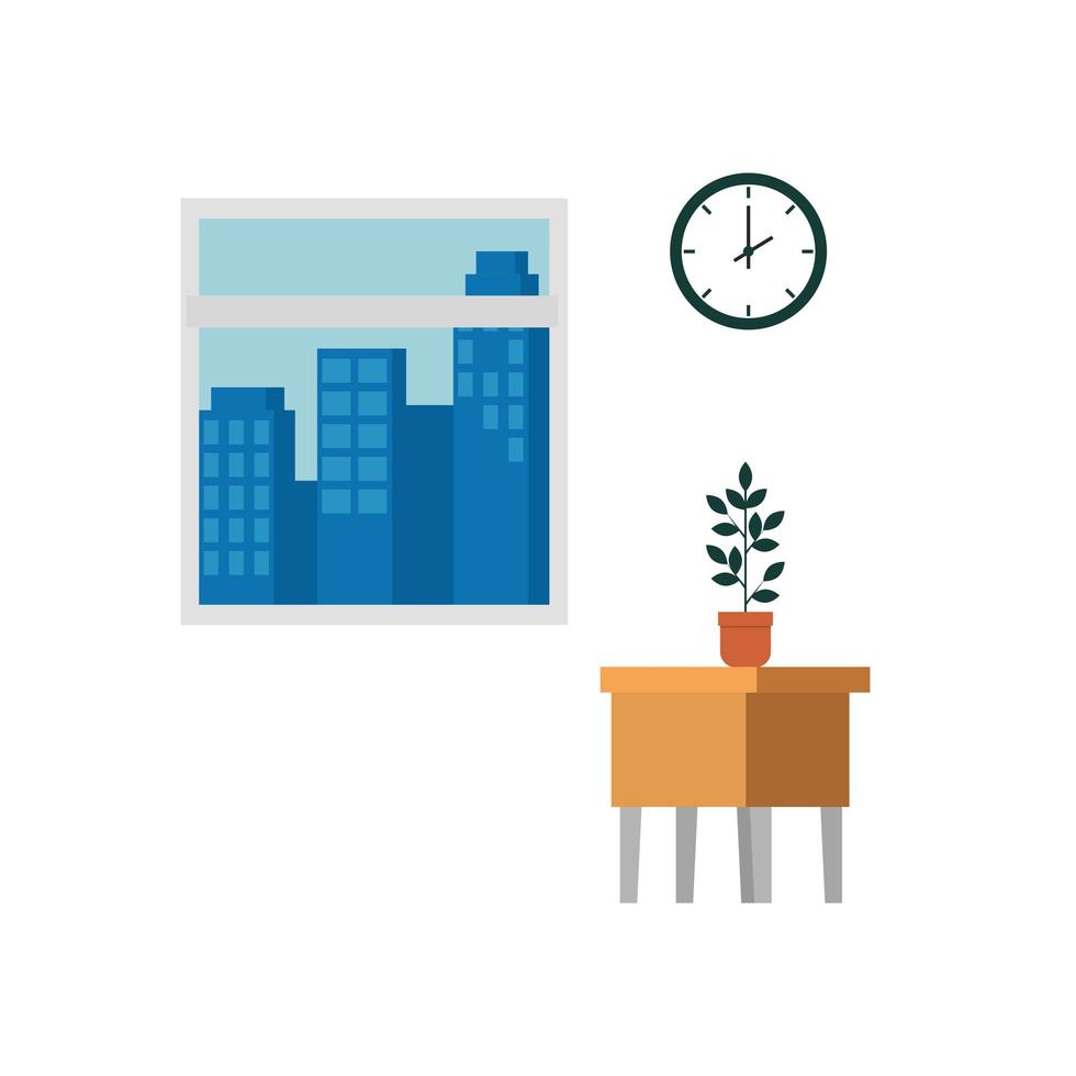 table wooden with houseplant and window vector