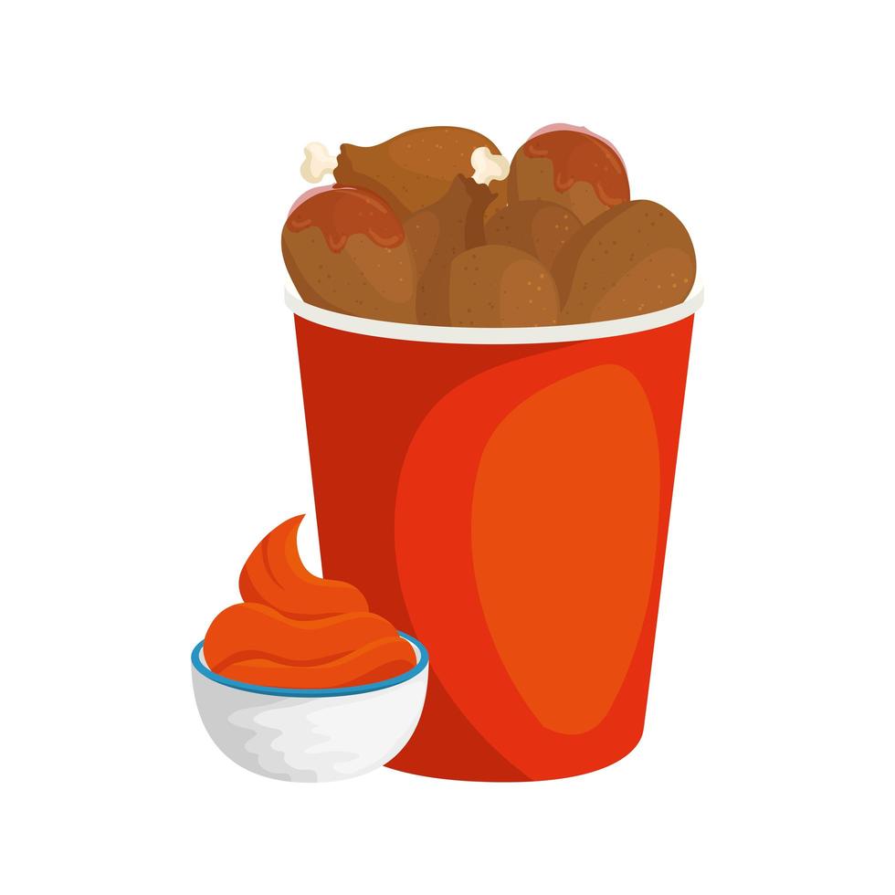 Conjunto de comida de pollo en un recipiente con salsa icono aislado vector