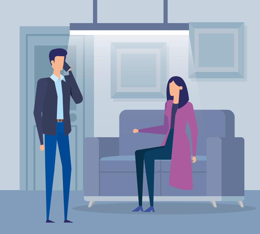 business couple workers calling with cellphone in the livingroom vector