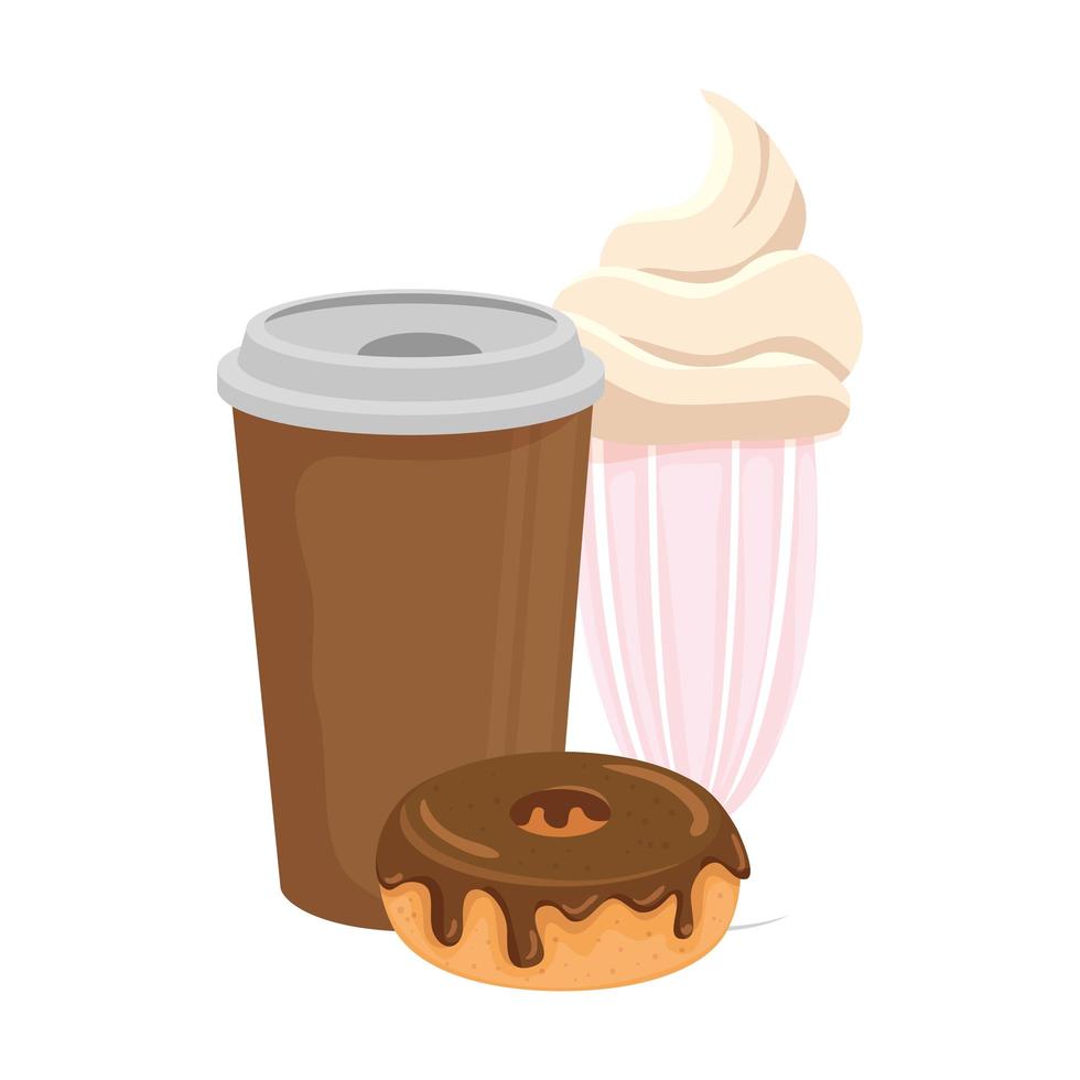 delicioso café en recipiente de plástico con donut y batido vector