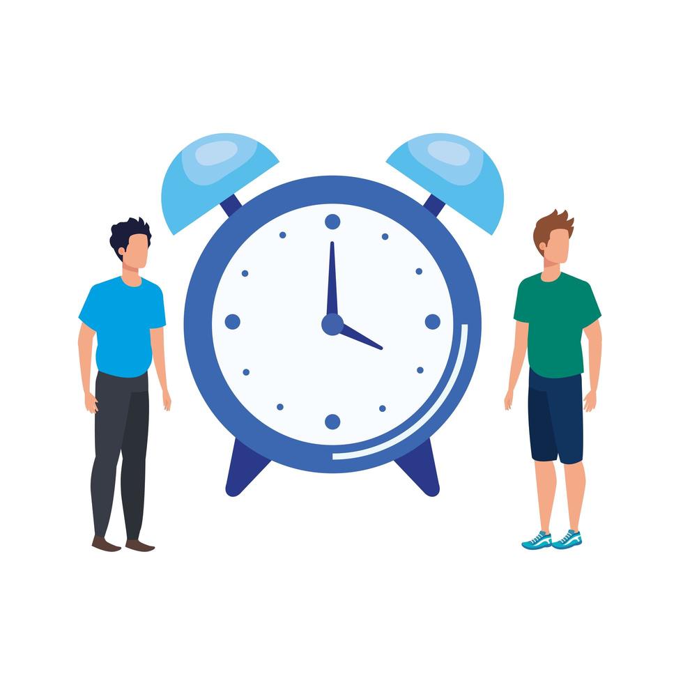 young men with alarm clock characters vector