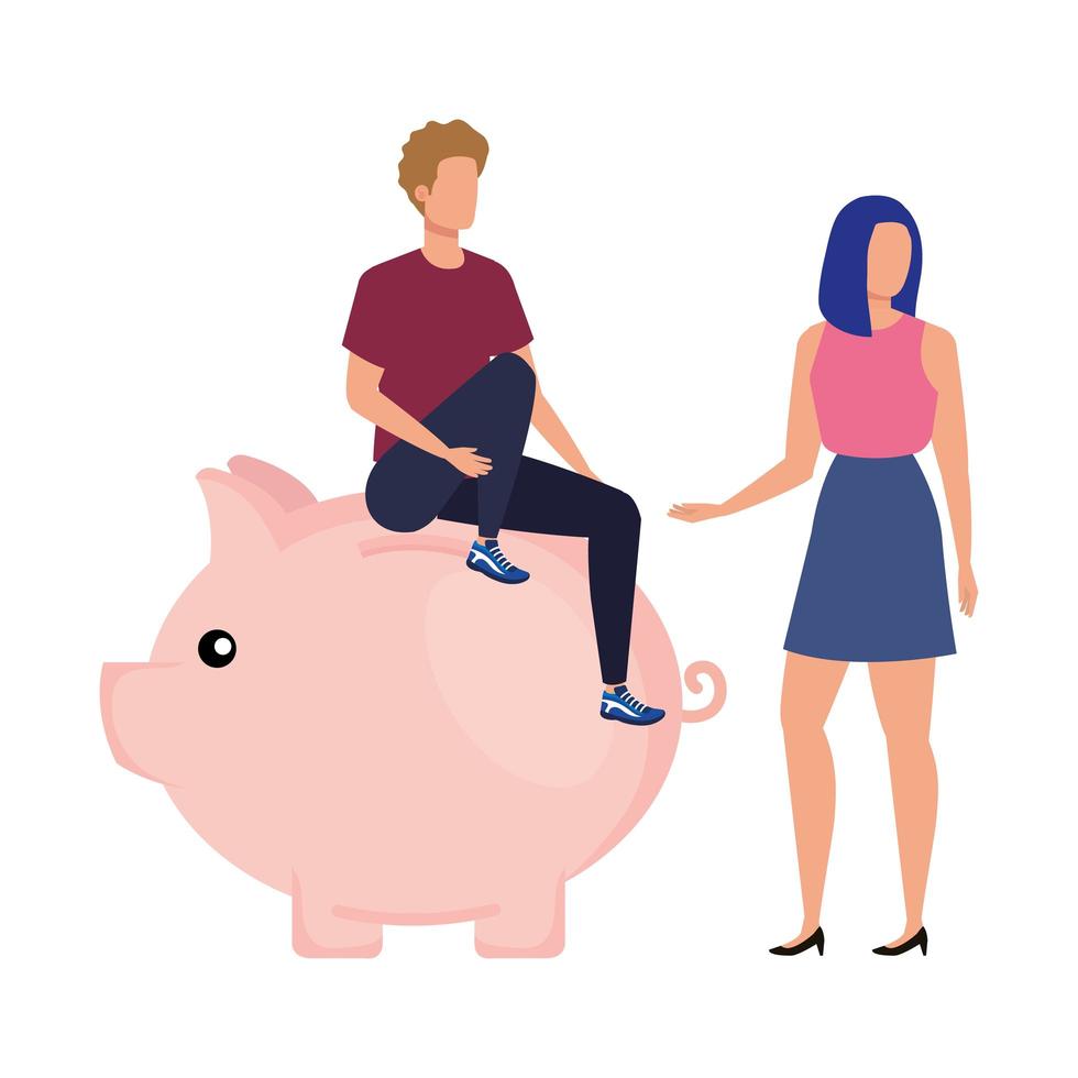 young couple with piggy savings characters vector