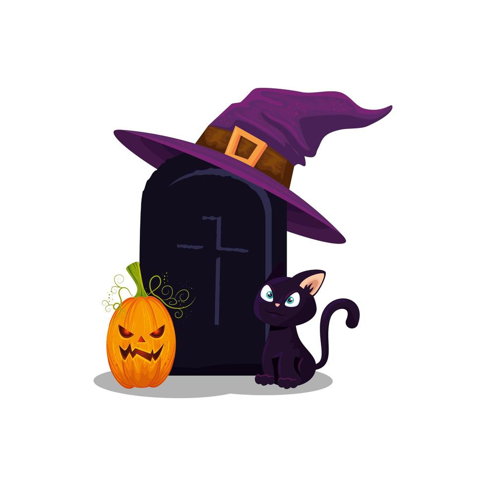 tumba de halloween con gato e iconos vector