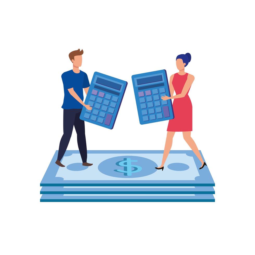 young couple with bills and calculators vector