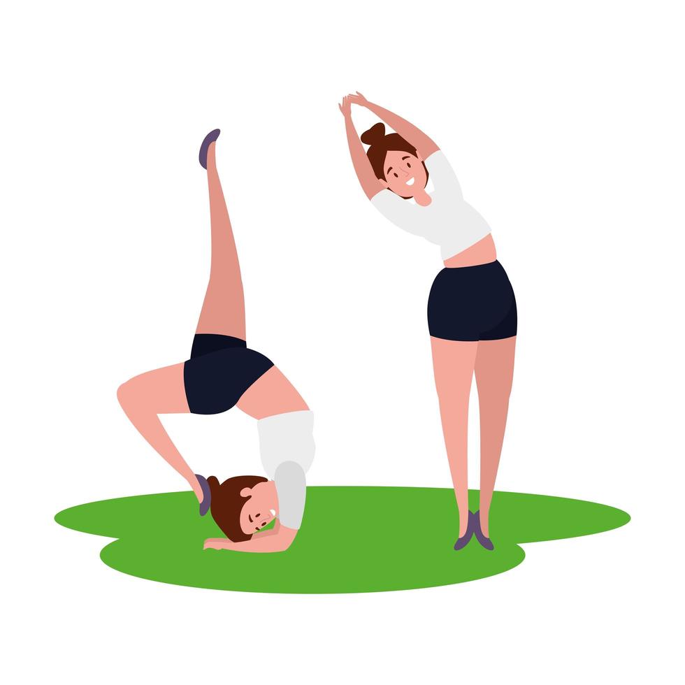 beauty girls couple practicing pilates in grass vector