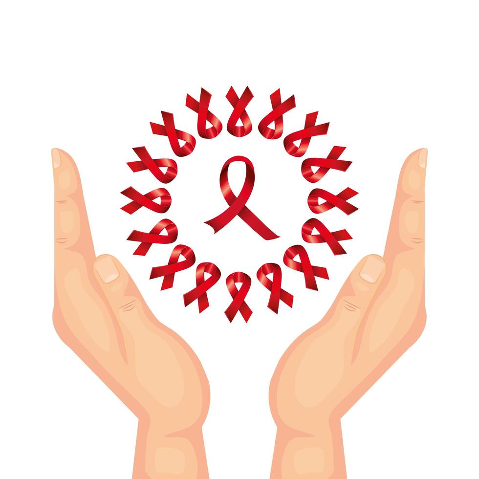 hands with aids day awareness ribbons vector