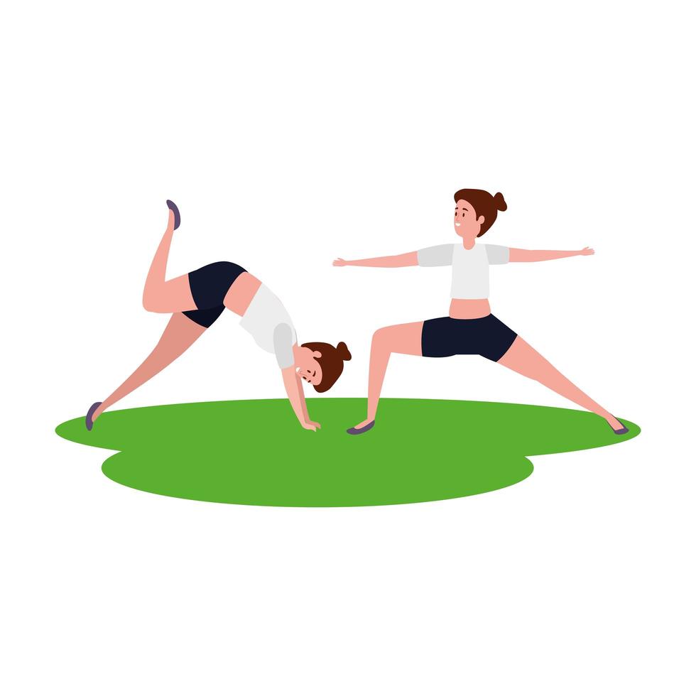 beauty girls couple practicing pilates in grass vector