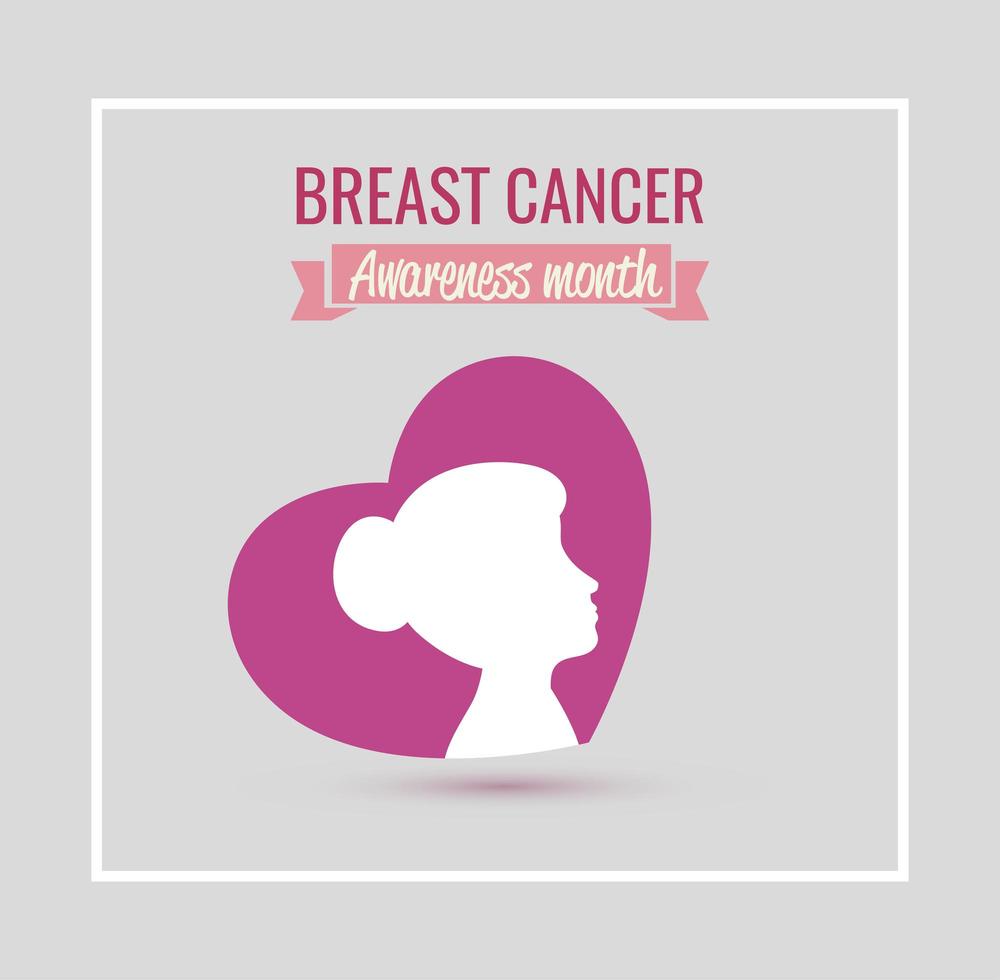 cartel mes de concientización sobre el cáncer de mama y corazón con perfil de mujer vector