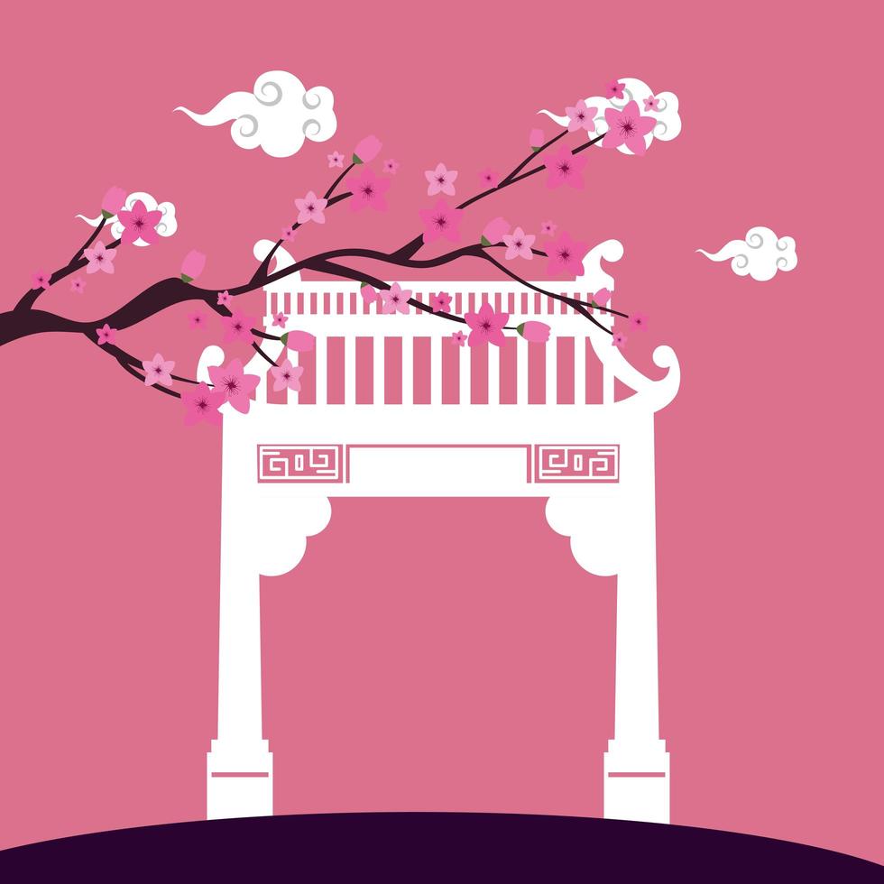 chinese arch and tree plant scene vector