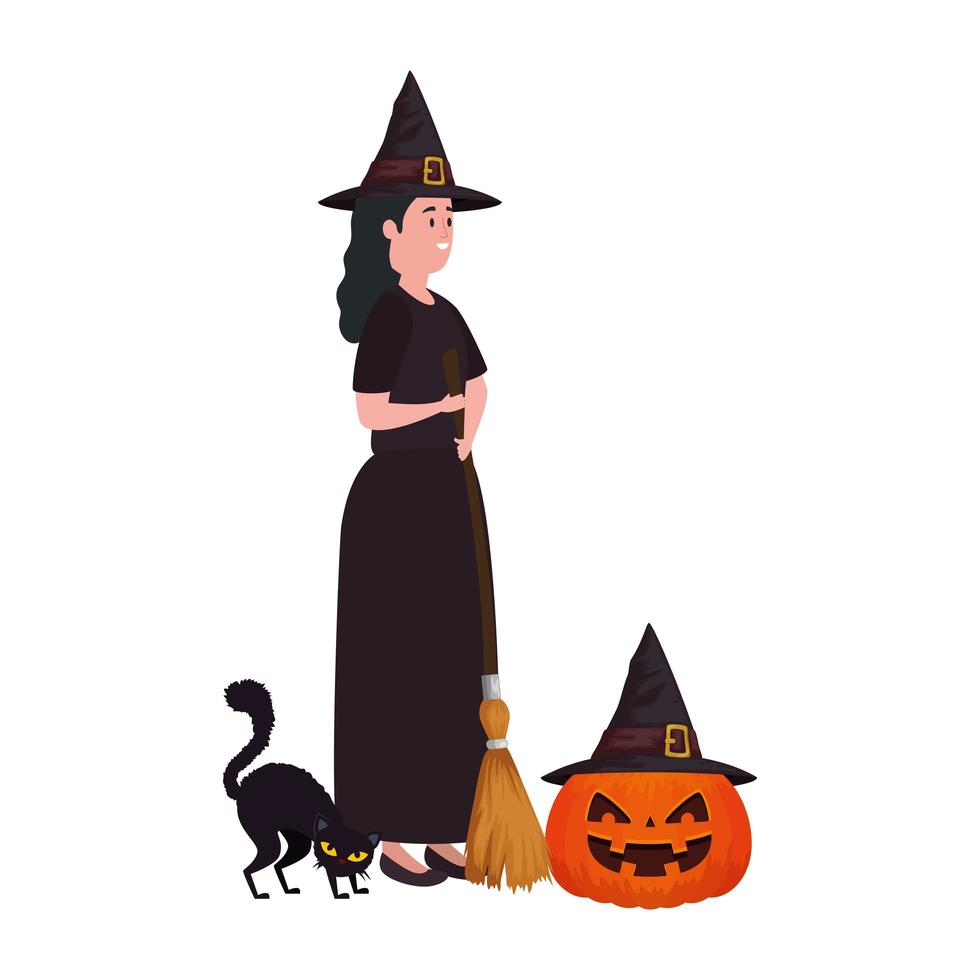 mujer joven, disfrazado, bruja, calabaza, y, gato, negro vector