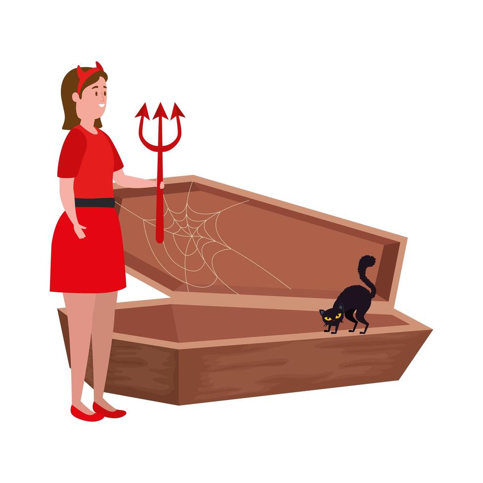woman disguised devil with coffin and cat black vector