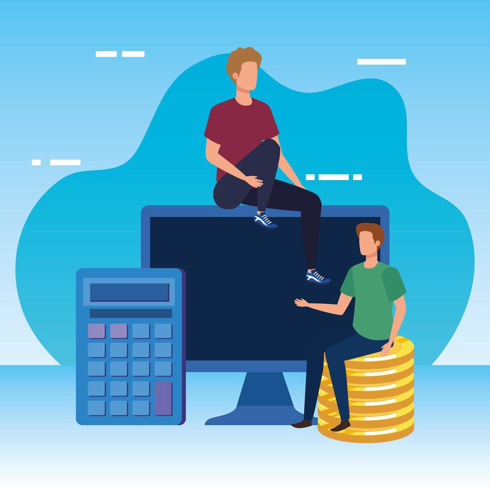 young men with desktop and money vector